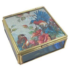 Vintage Enesco Foil Art Trinket Box Glass Brass Mirrored Inside 3.25" x 3.25"